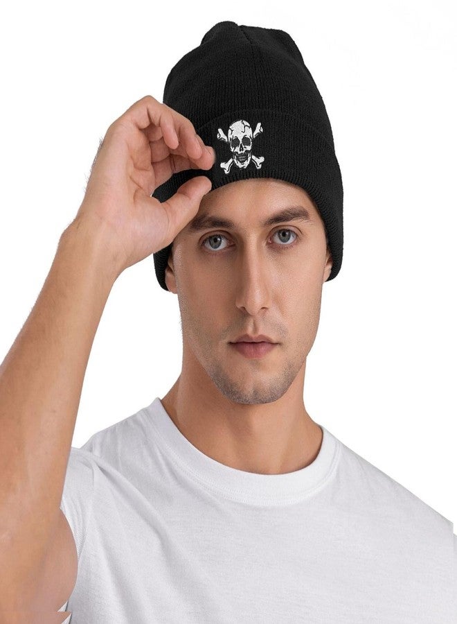 Vxchkerm Skeleton Beanie Hats for Men Women, Funny Halloween Knitted Cuffed Crossbones Cap, Warm Soft Stretchy Embroidered Skull Beanies Winter Hat Black - Image 2